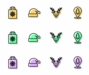 Set line Reindeer, Christmas shopping bag, Santa Claus hat and tree icon. Vector