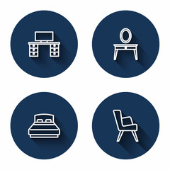 Set line Office desk, Dressing table, Big bed and Armchair with long shadow. Blue circle button. Vector