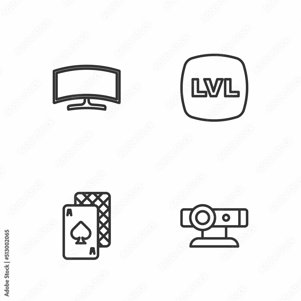 Poster Set line Web camera, Playing cards, Computer monitor and Level game icon. Vector