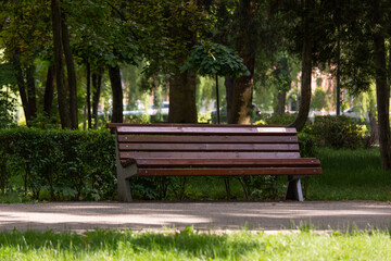 Maroon park bench next to an alley, bush and grass near a footpath on daylight