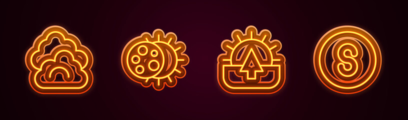 Set line Cloud, Eclipse of the sun, Sunrise and Compass south. Glowing neon icon. Vector