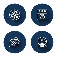 Set line Snowflake, Christmas day calendar, mittens and snow globe with long shadow. Blue circle button. Vector