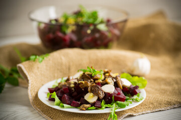 Salad with boiled beets, fried eggplants, herbs and arugula in a plate