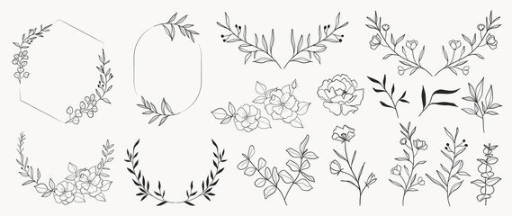 Minimal botanical wedding frame elements on white background. Set of wreath, flowers, leaf branches in hand drawn pattern. Foliage line art design for wedding, card, invitation, greeting, logo.