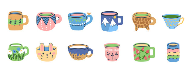 Set of various cups with tea or coffee.  Handmade ceramic with hand drawn patterns on cup and mug. Colored trendy vector illustration. 