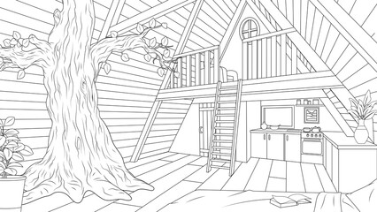 Vector illustration, house interior with second light with tree inside the house