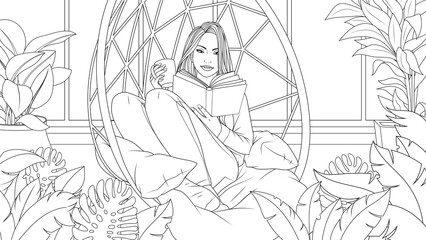 Vector illustration, beautiful girl reading a book sitting in a hammock in the garden
