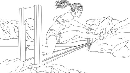 Vector illustration, girl giant goes in for sports with obstacle course