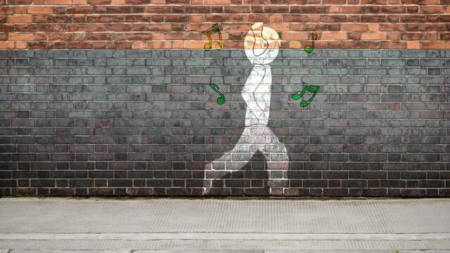 Animation of a transparent person walking and listening to music with headphones on a brick wall. A cgi graphic of a white human surrounded by moving green music notes, enjoying music and dancing