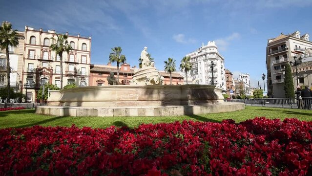 Beautiful view of the famous fountain of Hispalis, Seville, Andalusia, Spain