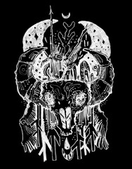 Illustration with mystery tribal demon goat. Good element for tattoo. Graphic art.