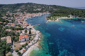 Scenic ionian islands of Greece - Paxos. view of Gaios Town aerial top view drone
