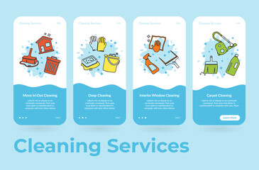 Cleaning service onboarding web application page screen set vector illustration