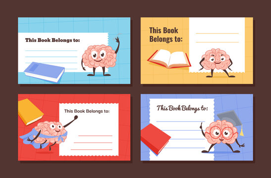 Brain Character Sticker Book Belongs To School Label For Notebook Collection Vector Illustration