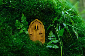 Little magic wooden fairy door and plants leaves on mossy natural green background. fairytale pixie...