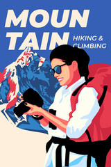 Travel poster. A young woman with a backpack went hiking in the mountains. Illustration of high mountains landscape. Traveling or hiking or exploring or tourism concept. Time for adventure and travel.