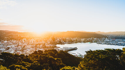 Scenic aerial view of the architecture of Wellington, New Zealand during sunset