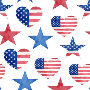 4th of July watercolor seamless pattern. Hand drawn stars and hearts with American flag isolated on white background. I love USA repeated design.