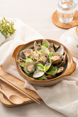 Fried Loofah gourd with Clam, Taiwanese homemade local food.