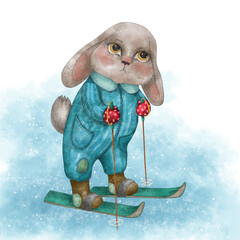 Watercolor drawing. Cute Rabbit character in blue jumpsuit and red mittens. Bunny is skiing. Illustration for clothes, packaging, dishes, postcards, posters and stationery.