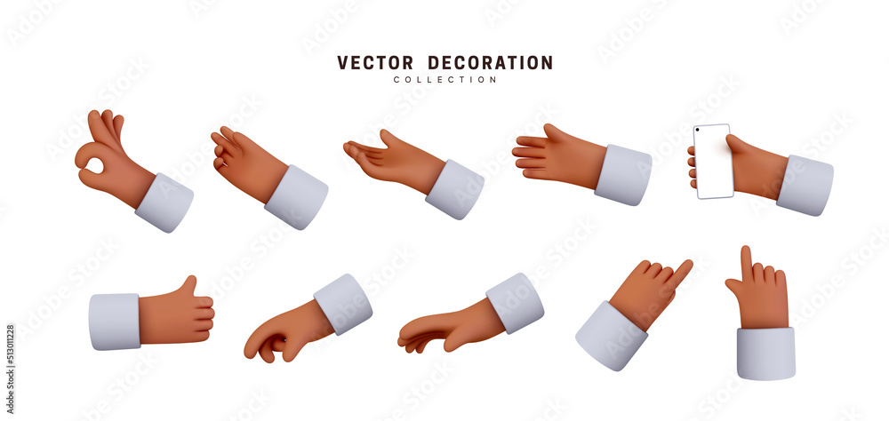 Aufkleber hands set of realistic 3d design in cartoon style. hand shows different gestures signs. vector illus
