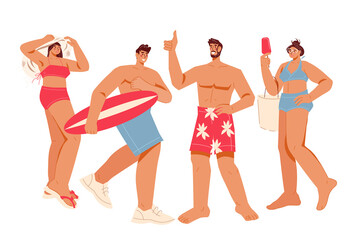 Summer vacation, young people on the beach flat vector illustration isolated on white background. Young girls and boys in swimsuits, going to swim and rest on seacoast.