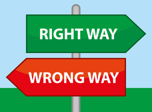 Right way and wrong way road signs. Vector indecision concept illustration.