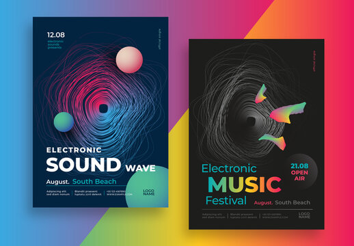 Electronic Music Festival Posters Layout with Round Lines