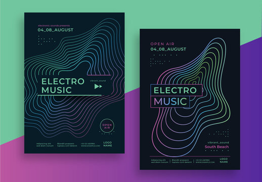 Electronic Music Posters Layout with Neon Line Wave