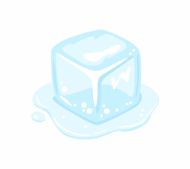 Melting ice cube in water isolated on white. Cartoon flat illustration, icon.