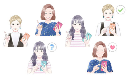 Illustrations of women operating smartphones. watercolor.