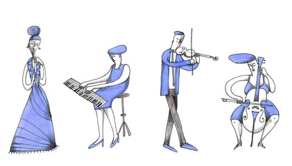 122 / 5.000 Risultati della traduzione musical set: classical instruments: piano, recorder, violin and cello. Musicians men and women, illustration, blue. © Papadam