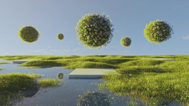 Green flooded meadow with flying spherical daisy flowerbeds. Surreal fantasy garden animation.