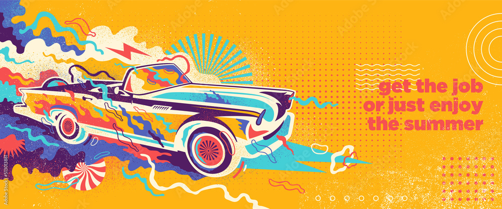 Poster abstract summer background design in graffiti style with retro convertible and colorful splashing sh