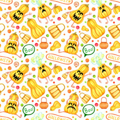 Seamless Halloween pattern. Pumpkins are scary and funny. Happy spooky holiday. Hand drawn watercolor and colored pencils illustration on white background. Cartoon child character.