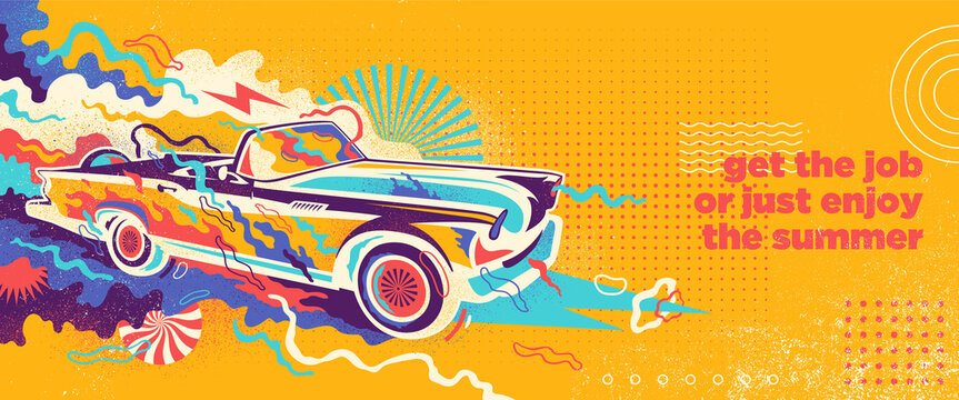 Abstract summer background design in graffiti style with retro convertible and colorful splashing shapes. Vector illustration.