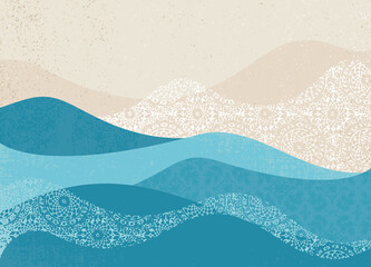 An abstract scene of ocean waves and sand, in a cut paper style with textures
