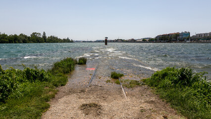 Confluence between Saone and Rhone river in City of Lyon in France on June 2022 