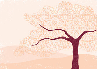 An abstract landscape with lacey canopy tree, in a cut paper style with textures
