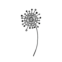 Doodle sketch dandelion seeds. Silhouette of a dandelion with flying seeds. Black contour of a dandelion. Black and white illustration of a flower. Summer plant.