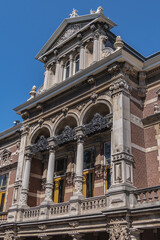 Architectural fragment of Leiden Stadsgehoorzaal building (1826), a concert hall on the Breestraat. Leiden, South Holland, the Netherlands.