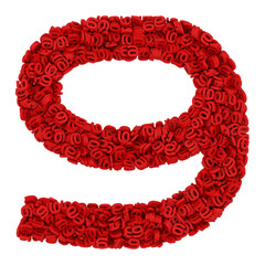 Number 9 made of small red numbers 9, isolated on white, physical simulation, 3d rendering