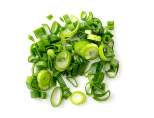 Chopped stems of green onion or chives isolated on white, top view.
