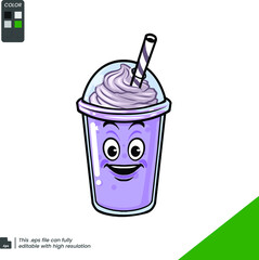 cute purple strawberry milkshake cup drink logo mascot cartoon badge