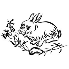 Decorative cute easter bunny in flowers doodle. Greeting card with rabbit and flowers. Black and white hand drawn illustration. Linear drawing vector image.