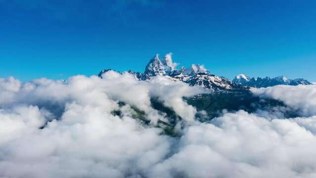 Aerial view of Ushba mountains is one of the most notable peaks of the Caucasus Mountains. It is located in the Svaneti region of Georgia.
