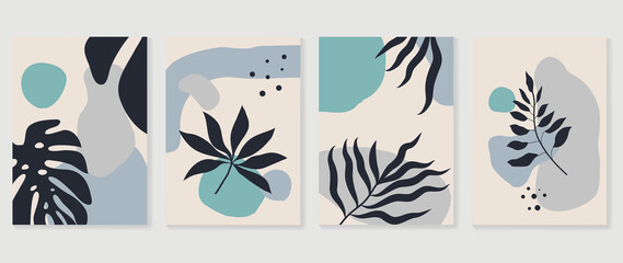 Fototapeta na wymiar Set of abstract foliage wall art vector. Leaves, organic shapes, earth tone colors, leaf branch in line art style. Botanical wall decoration collection design for interior, poster, cover, banner.