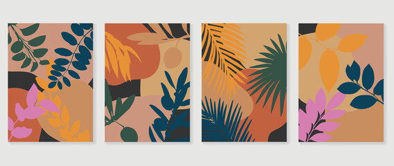 Set of abstract foliage wall art vector. Leaves, organic shapes,colorful, leaf branch, jungle in line art style. Botanical wall decoration collection design for interior, poster, cover, banner.
