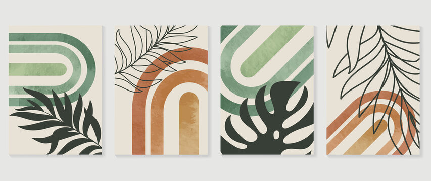 Set of abstract foliage wall art vector. Leaves, organic shapes, earth tone colors, leaf branch in line art style. Watercolor wall decoration collection design for interior, poster, cover, banner.