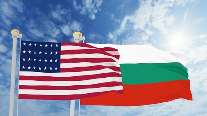 United States and Bulgaria are waving in the spring of the blue sky. 3d rendering.